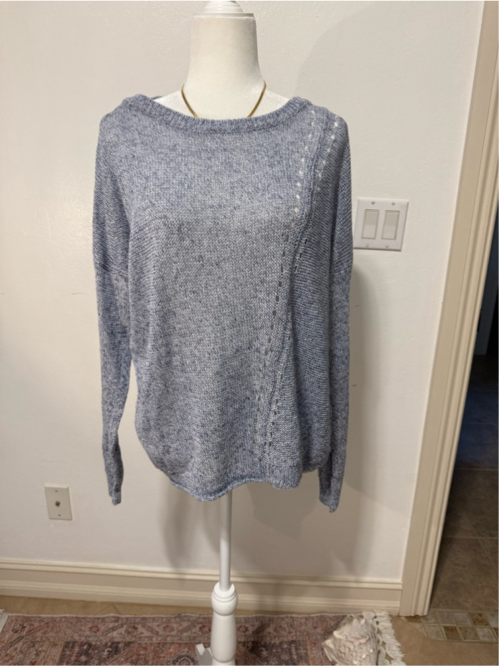 360 Linen Sweater Blue and White Linen Crew Neck Sweater, Size L, loose knit.